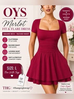 OYS Square Neck Fit & Flare Mini Dress Merlot NWT